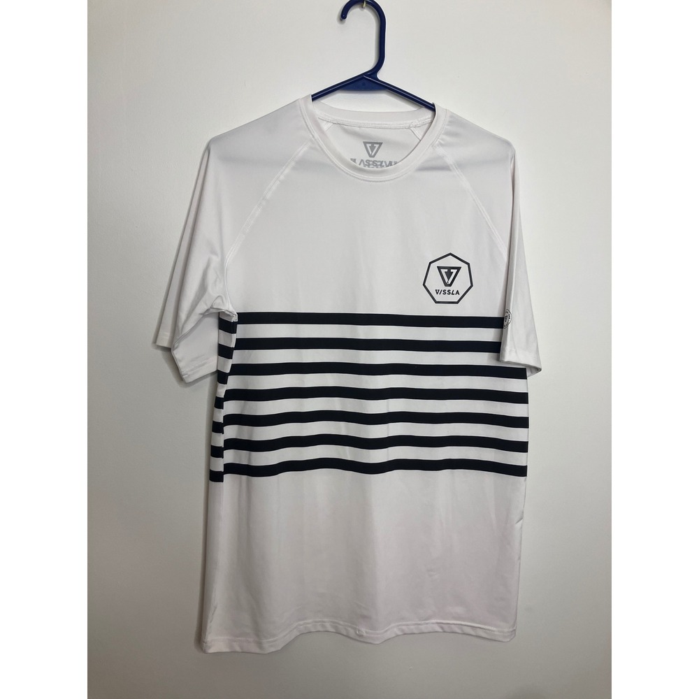 Vissla Rash Guard Mens Medium White Excellent Striped Short Sleeve Sun Shirt